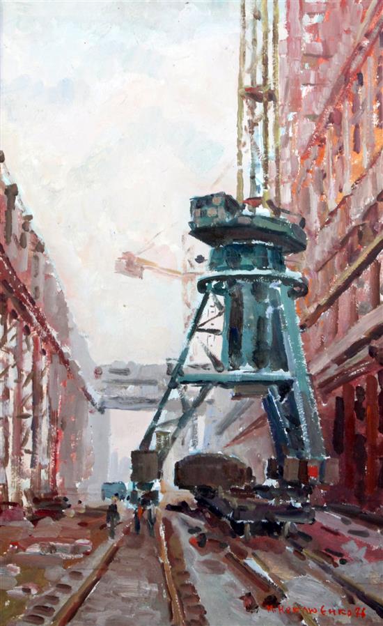 Nicolai Pavlovich Tolkounov (1917-1996) Industrial scene 31 x 19in.